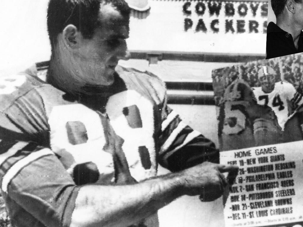 Ridgway points to a sign listing Dallas Cowboys’ 1965 home games two days after beating the Green Bay Packers in an exhibition game. Picture: File