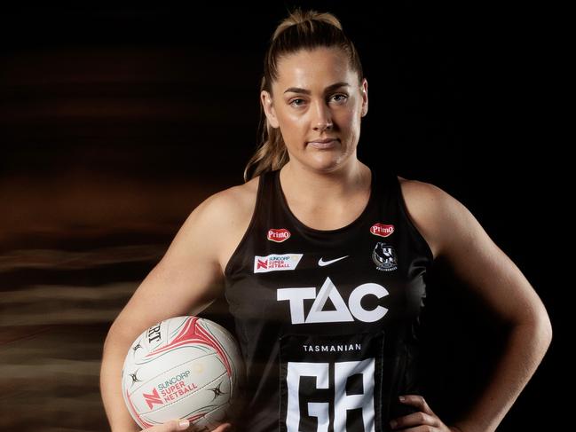 GOLD COAST, AUSTRALIA - FEBRUARY 22: Sophie Garbin poses during the Magpies Super Netball 2023 headshots session at the Gold Coast Leisure Centre on February 22, 2023 in Gold Coast, Australia. (Photo by Matt King/Getty Images for Netball Australia