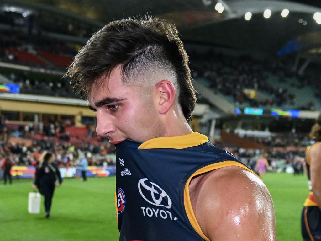 ADELAIDE, AUSTRALIA – APRIL 19: Josh Rachele of the Crows leave the ground after losing the round six AFL match between Adelaide Crows and Essendon Bombers at Adelaide Oval, on April 19, 2024, in Adelaide, Australia. (Photo by Mark Brake/Getty Images)