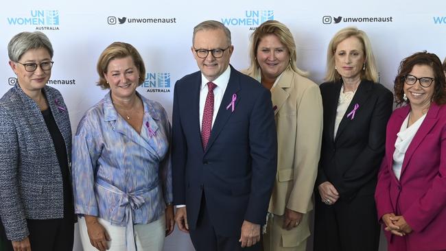 CANBERRA, AUSTRALIA, NewsWire Photos. FEBRUARY 7, 2024: The Prime Minister, Anthony Albanese and female MPs and Senators attends the UN International Women's Day Parliamentary Breakfast at Parliament House in Canberra. Picture: NCA NewsWire / Martin Ollman