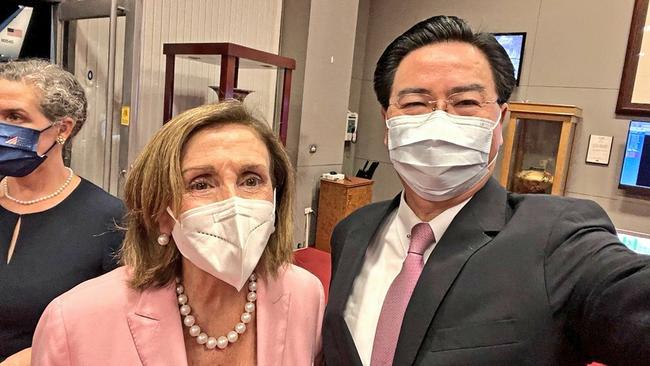 Taiwan's Foreign Minister Joseph Wu welcomes Speaker of the US House of Representatives Nancy Pelosi upon her arrival at Sungshan Airport in Taiwan. Picture: MOFA_Taiwan