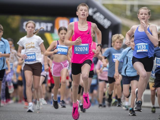 Hobart Airport Marathon, Arden Petersen and Curtis Whelan start the Variety Tasmania 2km. Picture: Chris Kidd