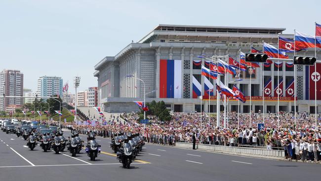 The convoy carrying Russia's President Vladimir Putin in Pyongyang on June 19, 2024. Putin enjoyed a red-carpet welcome, a military ceremony and an embrace from North Korea's Kim Jong-un during a state visit to Pyongyang where they both pledged to forge closer ties. (Photo by Gavriil GRIGOROV / POOL / AFP)