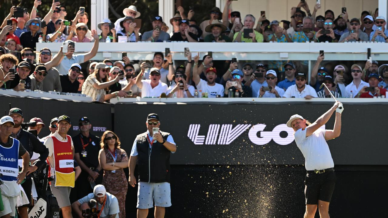 ADELAIDE, AUSTRALIA - APRIL 22: Cam Smith of Ripper GC tees off on the 12th hole during day two of Liv Golf Adelaide at The Grange Golf Course on April 22, 2023 in Adelaide, Australia. (Photo by Asanka Ratnayake/Getty Images)