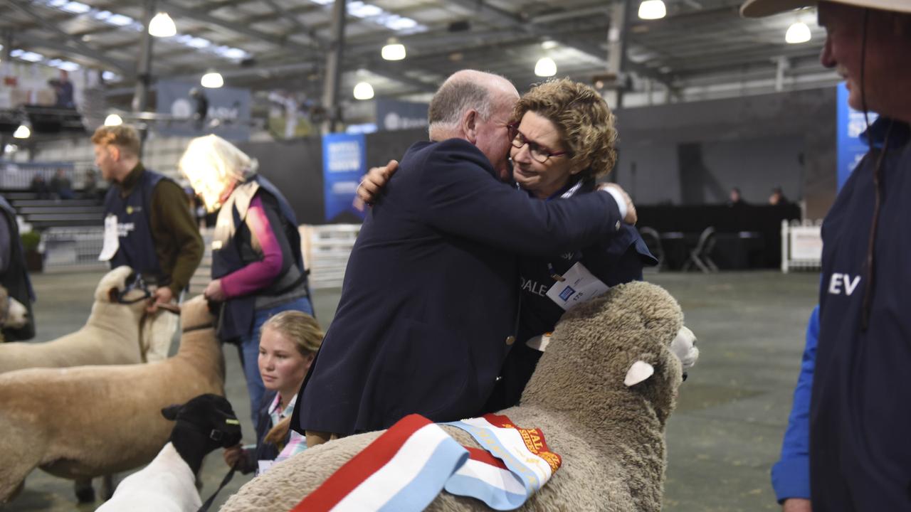 Bron Ellis of Sweetfield Corriedales, Mount Moriac, wins the interbreed champion ram at the Royal Melbourne Show. Photo: Dannika Bonser