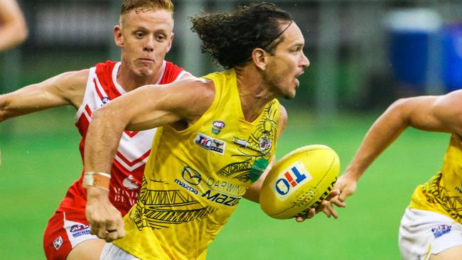 Cameron Ilett (ball) as Nightcliff V Waratah at Gardens Oval.Picture: Glenn Campbell