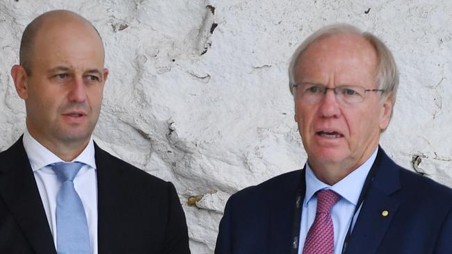 NRL CEO Todd Greenberg (left) and ARLC chairman Peter Beattie at Thursday night’s launch. Picture: AAP  