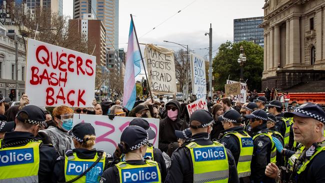 The "Women Will Speak rally was disrupted by a counter rally at Melbourne’s Parliament House. Picture: NewsWire / Tamati Smith