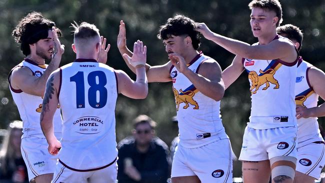 South Morang celebrate during the NFNL Diamond Creek v South Morang football match in Epping, Saturday, Aug. 24, 2024. Picture: Andy Brownbill