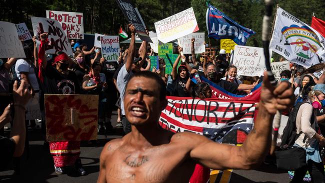 Activists and members of different tribes from the region block the road to Mount Rushmore National Monument. Picture: AFP