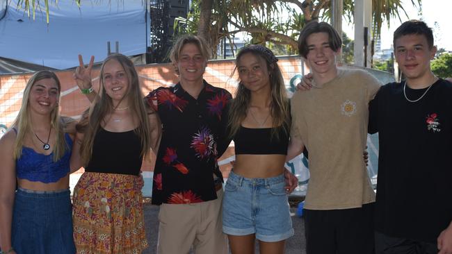 Indiana Wright, Summer King, Jay Perdue, Sarah Clark, Zane Usher and Herley Usher at the 2022 Caloundra Music Festival. Photo: Elizabeth Neil