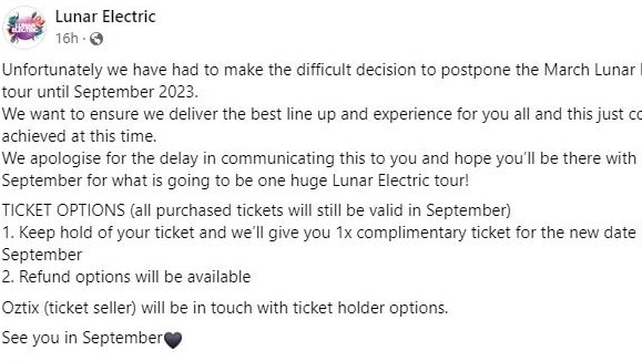 A post to the Lunar Electric Festival Facebook page.