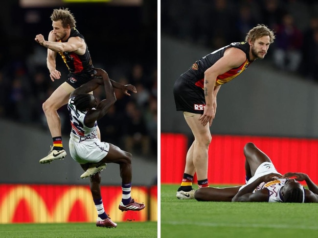 Jimmy Webster's hit on Docker Michael Frederick. Photos: Getty Images