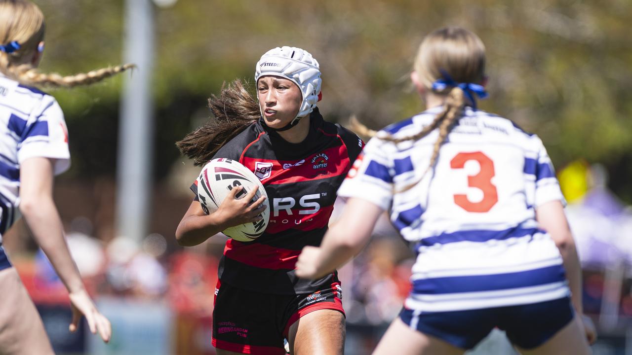 Valleys Daeja Pene takes on the Brothers line during the 2024 under-15 girls Toowoomba Junior Rugby League grand final. Picture: Kevin Farmer