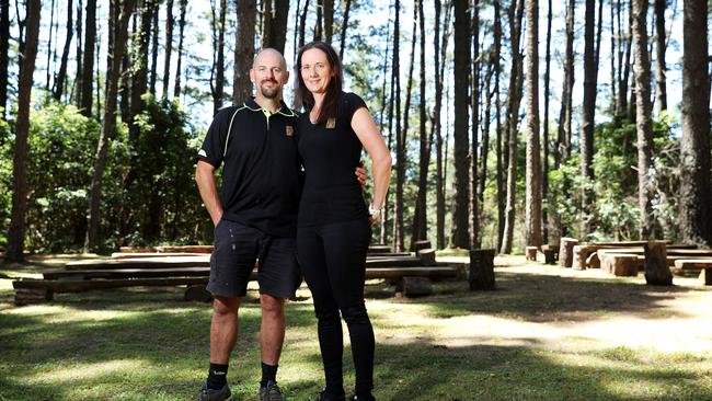 Steve and Amanda Jones, owners of Bilpin Resort, a sought-after wedding ceremony venue, in their 50-year-old pine forest known as the secret circle. Picture: Tim Hunter.