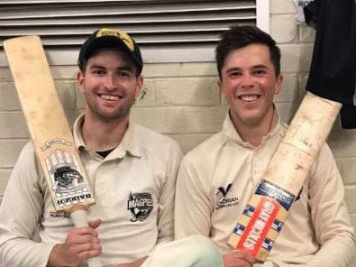 Ben Rowles and Oli Gunning after hitting their maiden First XI centuries in Premier Cricket for Camberwell Magpies. Picture: Supplied