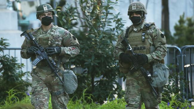 National Guard soldiers patrol the streets of Philadelphia on Wednesday. Picture: AFP