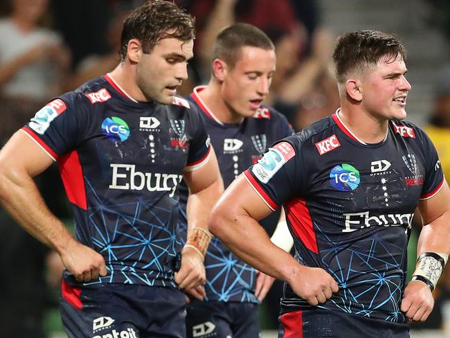 MELBOURNE, AUSTRALIA - MARCH 03: The Melbourne Rebels look dejected after their defeat in the round two Super Rugby Pacific match between Melbourne Rebels and Hurricanes at AAMI Park, on March 03, 2023, in Melbourne, Australia. (Photo by Kelly Defina/Getty Images)