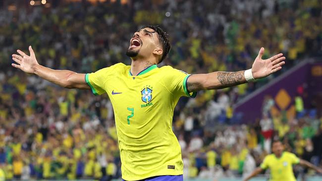 Lucas Paqueta of Brazil celebrates after scoring the team's fourth goal. Picture: Francois Nel/Getty Images