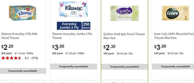 Tissues out of stock at Coles' website. Picture: Supplied