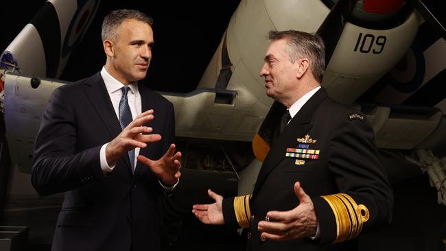 Premier Peter Malinauskas with Vice Admiral Jonathan Mead, chief of the Nuclear Powered Submarine Taskforce. Picture: Dylan Coker