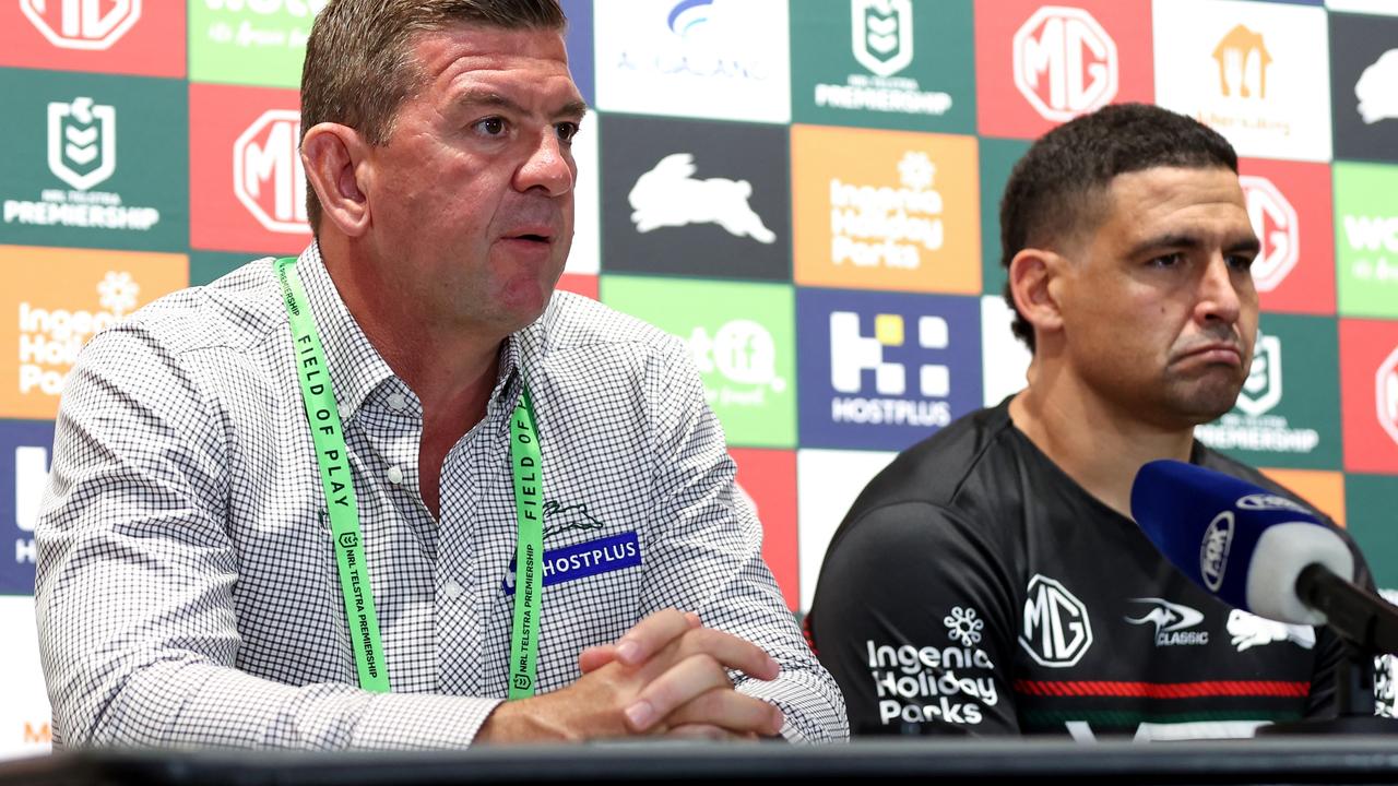 South Sydney’s loss has ratcheted up the pressure on coach Jason Demetriou (R). Picture: Getty Images