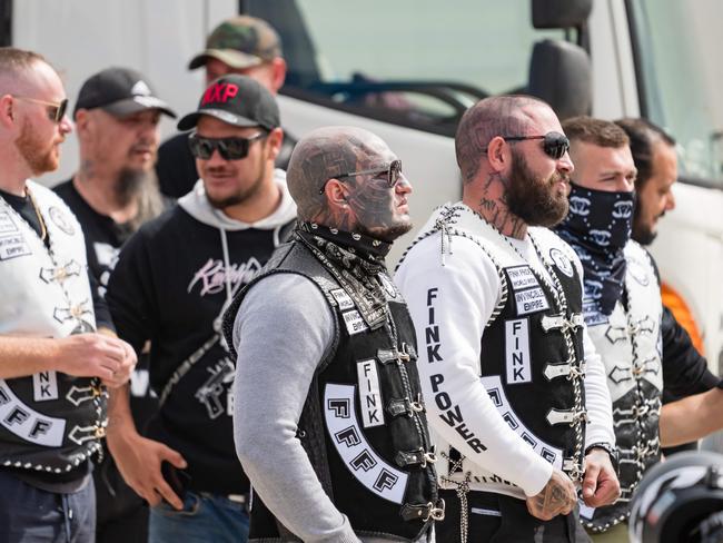 Finks outlaw motorcycle members meeting up at a service station south of Wodonga with police also in force. Picture: Simon Dallinger