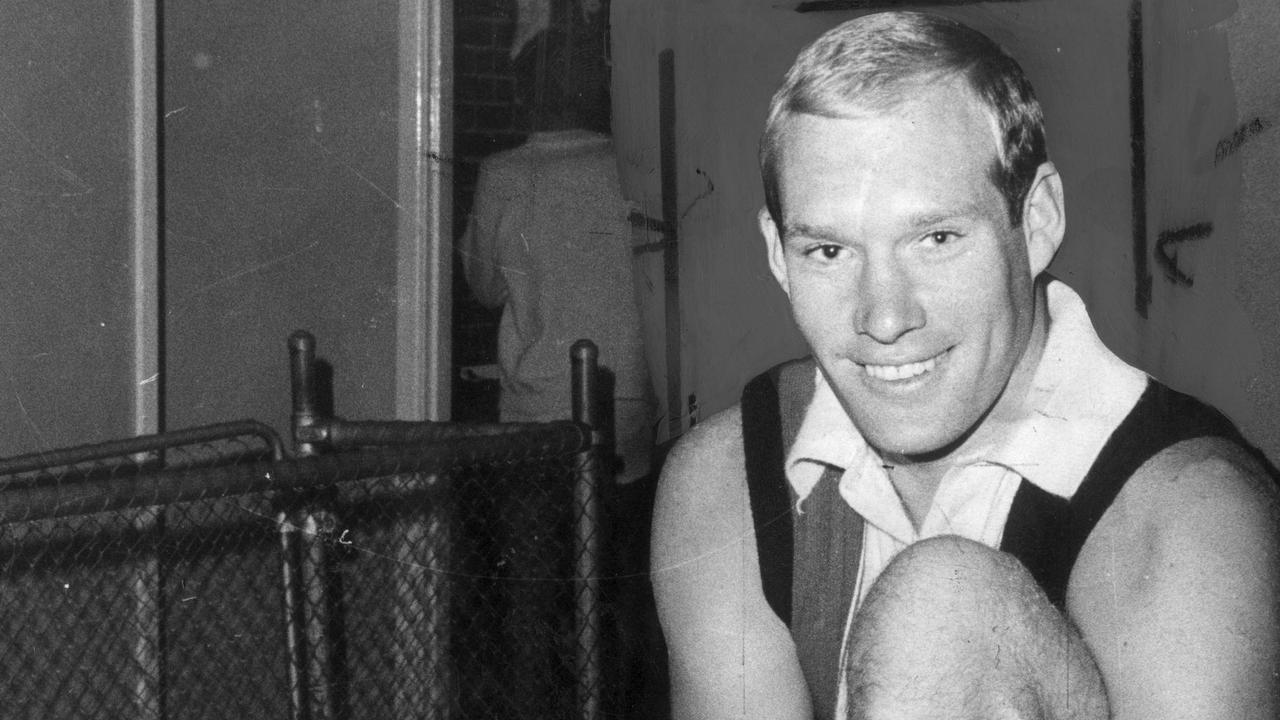 08/07/1969. Carl Ditterich laces up a new pair of football boots before St Kilda training at Moorabbin. Australian Rules Football.  Neg no: BD15244.