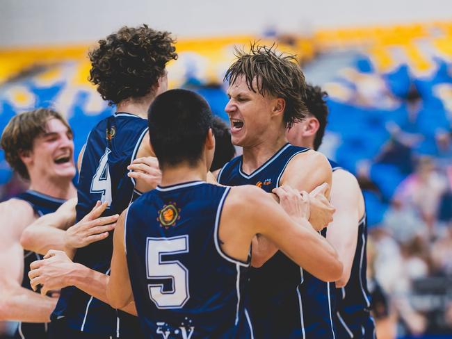 Victoria Navy players celebrate after winning the men's title at the 2025 Basketball Australia Under-20 & Ivor Burge National Championships. Picture: Taylor Earnshaw