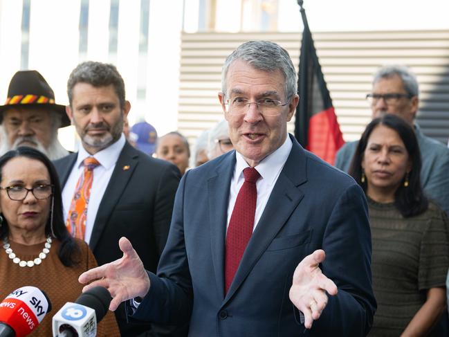 ADELAIDE/ KAURNA YARTA, AUSTRALIA - NewsWire Photos MARCH 17, 2023: Attorney General Mark Dreyfus standing with the National Referendum Engagement Group, speaks to media regarding the Voice to Parliament discussions in Adelaide. Picture: NCA NewsWire / Morgan Sette