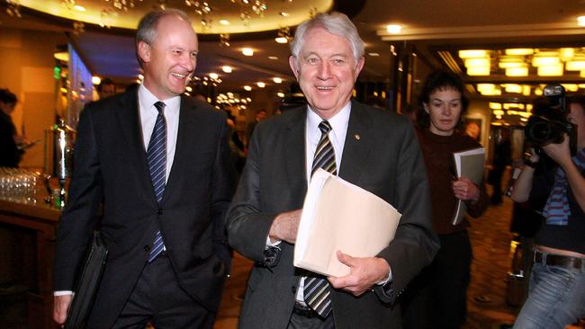 In July 2007, then Wesfarmers chief Richard Goyder (L) and former Coles chairman Rick Allert arrive for press conference in Melbourne to announce Wesfarmers takeover of Coles.