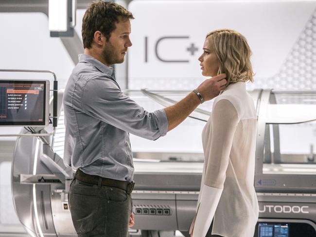 Chris Pratt’s Jim Preston finds there is someone else alive on the spaceship — Jennifer Lawrence’s Aurora Lane. Picture: Jaimie Trueblood / Columbia Pictures / Sony via AP