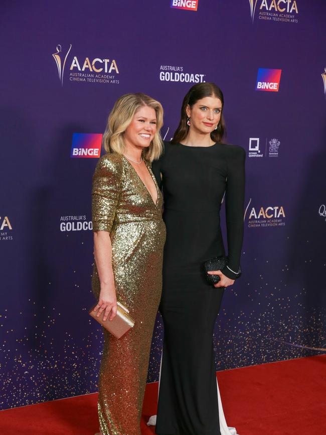 The Two Kates McLennan and McCarney arrives on the Red Carpet at the 2024 Aacta Awards at HOTA on the Gold Coast. Picture: Glenn Campbell