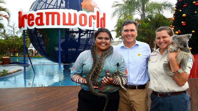 Dreamworld CEO Craig Davidson joined staff members Stacie Fogarty with Fang and Michele Barnes with Dian ahead of the reopening back in December. Photo: David Clark