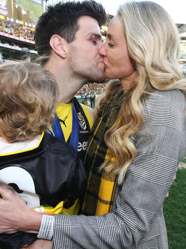 Trent and Brooke celebrate the Tigers’ Grand Final win. Picture: Getty Images