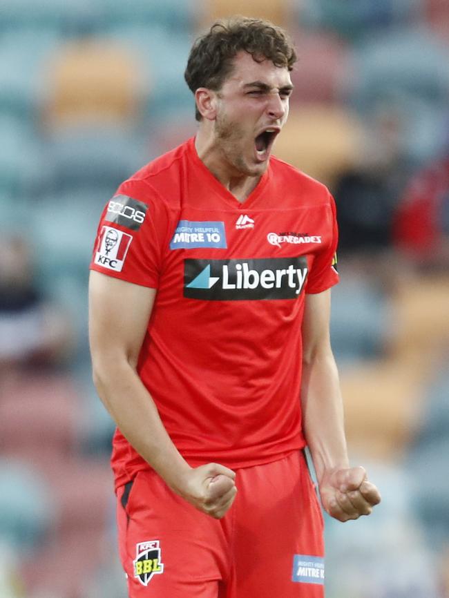 Peter Hatzoglou of the Renegades celebrates the wicket of Cameron Bancroft during the Big Bash League at Blundstone Arena, on December 12, 2020, in Hobart, Australia. (Photo by Darrian Traynor/Getty Images)