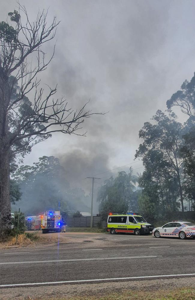 Emergency services fighting a shed fire in Lake Macdonald on June 29, 2022. Picture: Cameron Brown