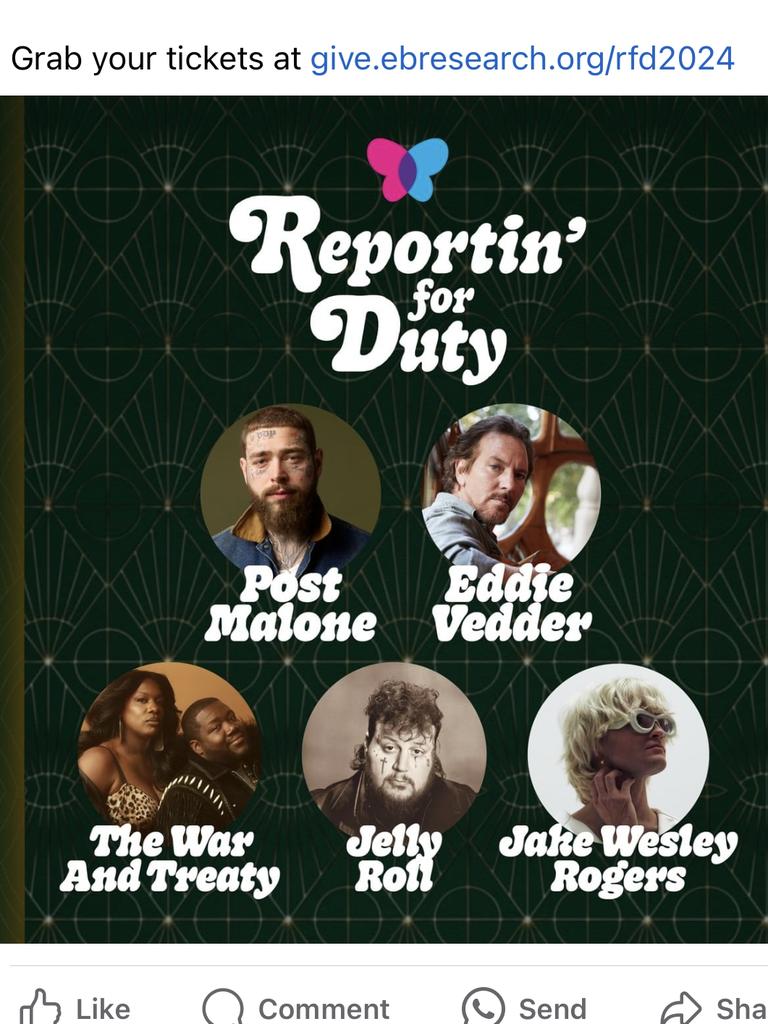 A screenshot of the EB Research Partnership page with the line up for the Reportin' for Duty concert, featuring Post Malone and Eddie Vedder.