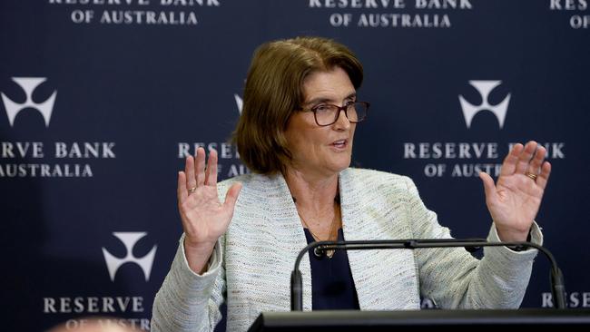 SYDNEY, AUSTRALIA - NewsWire photos FEBRUARY 06, 2024: Pictured is Michele Bullock the Australian economist who is currently governor of the Reserve Bank of Australia speaking at a press conference at the Reserve Bank of Australia (RBA) in Sydney. Picture: NCA NewsWire / Dylan Coker