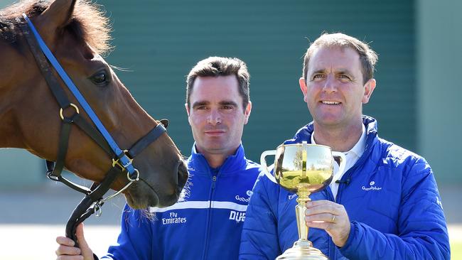 Cross Counter, Strapper Nick Van Eden and Melbourne Cup-winning trainer Charlie Appleby. Picture: Nicole Garmston