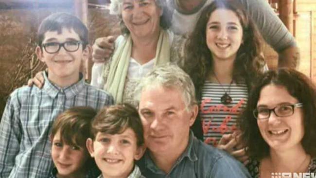 Peter Miles (centre), with his wife Cynda Miles (back), their daughter Katrina Miles (right) and her four children. Picture: Nine News