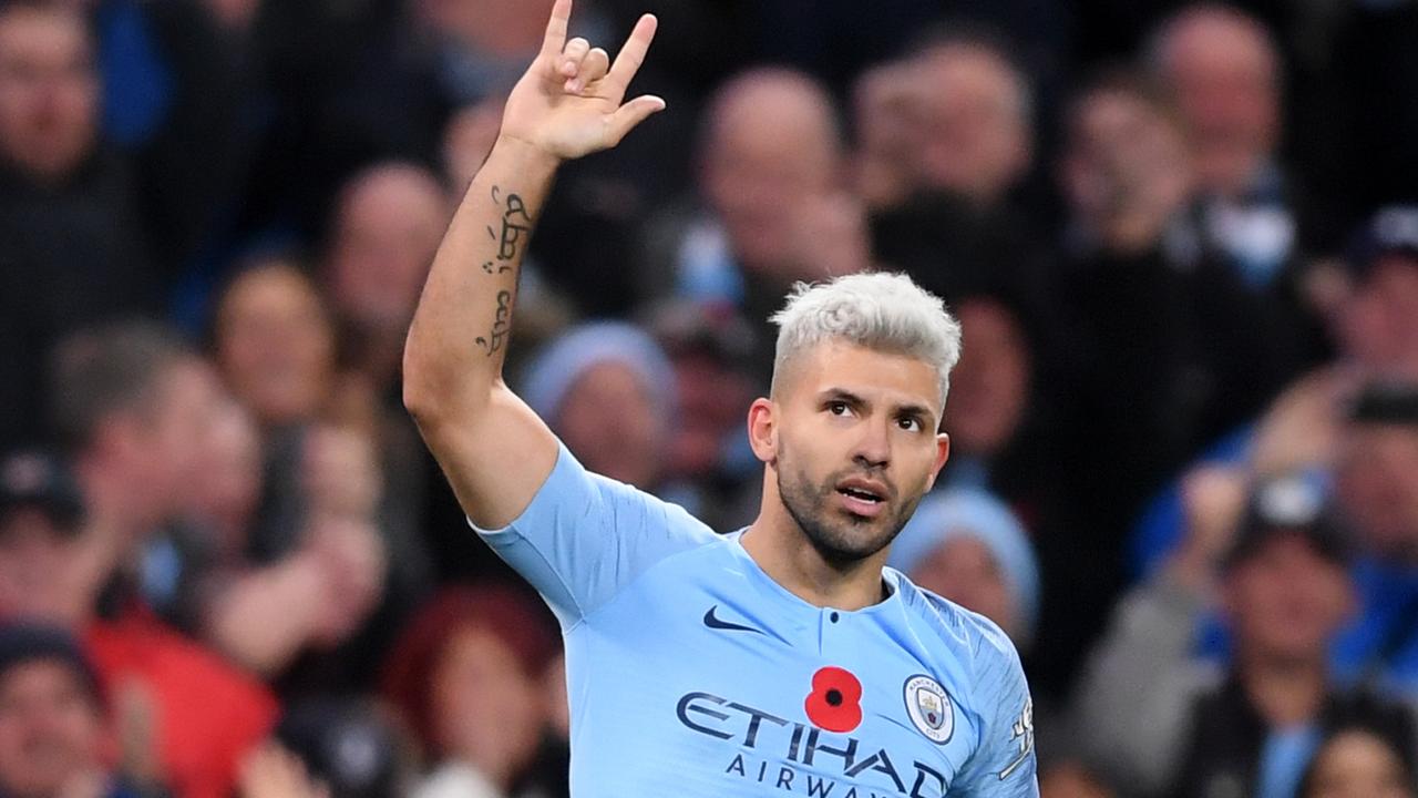 Sergio Aguero celebrates his goal for Manchester City. Picture: Getty Images