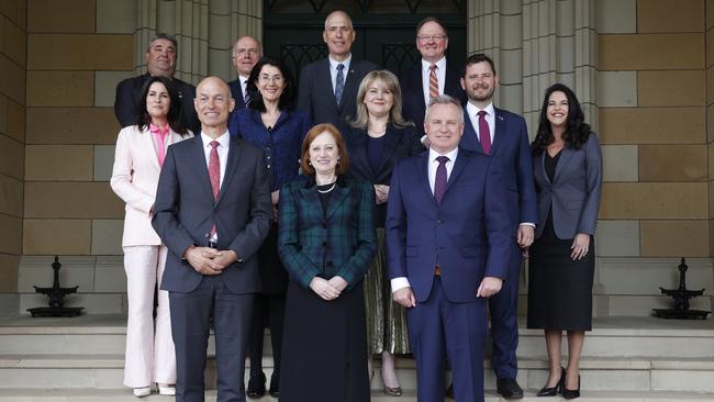 Front L-R Deputy Premier Guy Barnett, Governor of Tasmania Her Excellency Barbara Baker, Premier Jeremy Rockliff.  Middle L-R Minister Jo Palmer, Minister Jacquie Petrusma, Minister Madeleine Ogilvie, Minister Felix Ellis, Minister Jane Howlett.  Back L-R Minister Kerry Vincent, Minister Eric Abetz, Minister Nick Duigan, Minister Roger Jaensch.  New Tasmanian government cabinet swearing in at government house in Hobart.  Picture: Nikki Davis-Jones