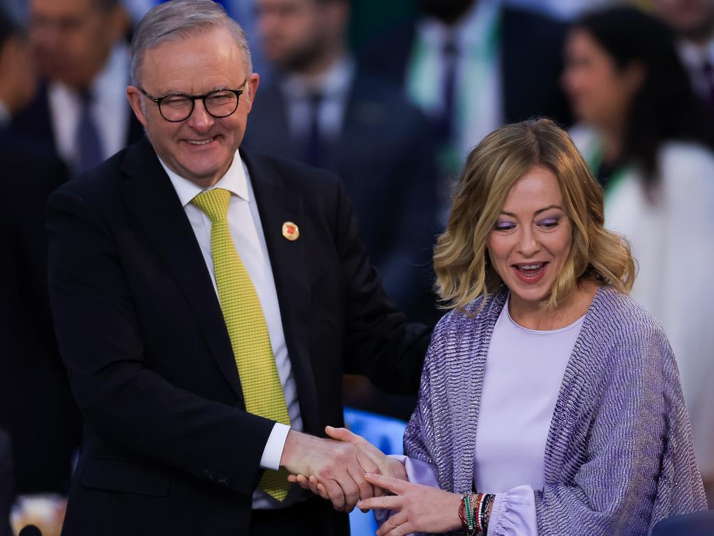 Anthony Albanese talks to Giorgia Meloni, prime minister of Italy, as part of the G20 Summit 2024 at Museu de Arte Moderna in Rio de Janeiro, Brazil. Picture: Getty Images