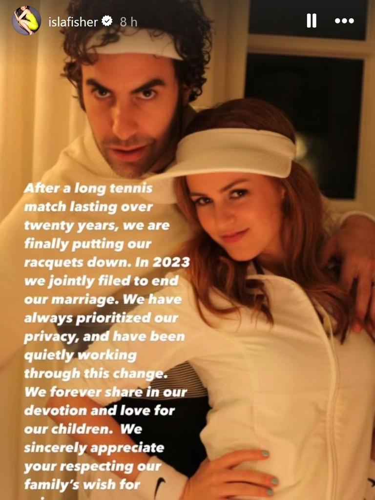 Sacha Baron Cohen and Isla Fisher announced their divorce on Instagram. Source: Instagram/islafisher