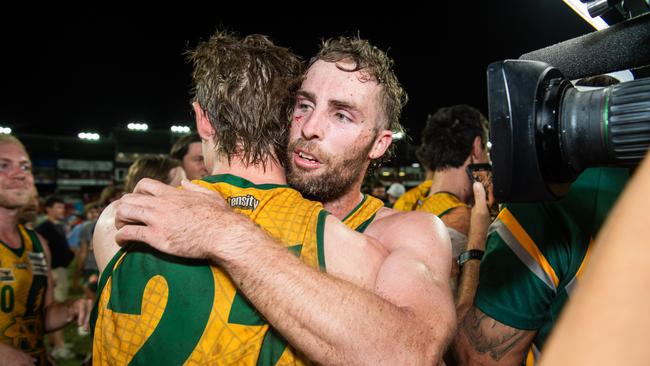 Dylan Landt celebrates their win in the 2023-24 NTFL Men's Grand Final between Nightcliff and St Mary's. Picture: Pema Tamang Pakhrin