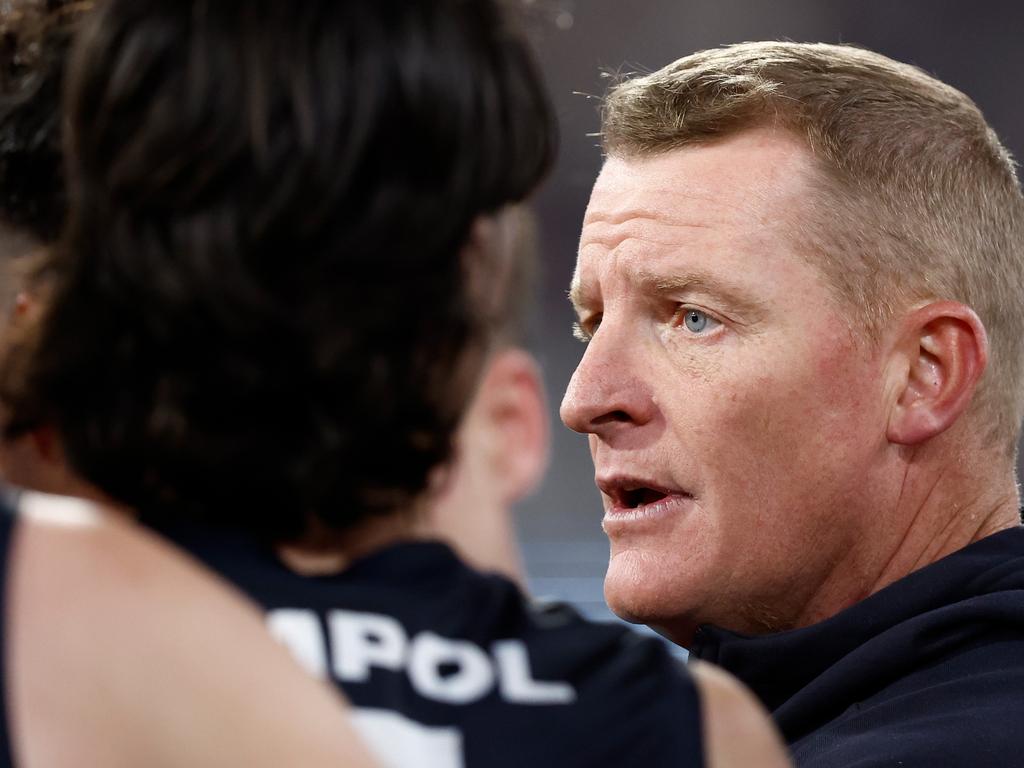 Michael Voss had some strong words after the Blues’ loss to Geelong. (Photo by Michael Willson/AFL Photos via Getty Images)