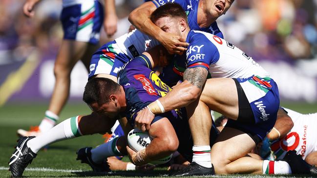 Brandon Smith scores against the Warriors in a trial. Picture: Daniel Pockett/Getty Images