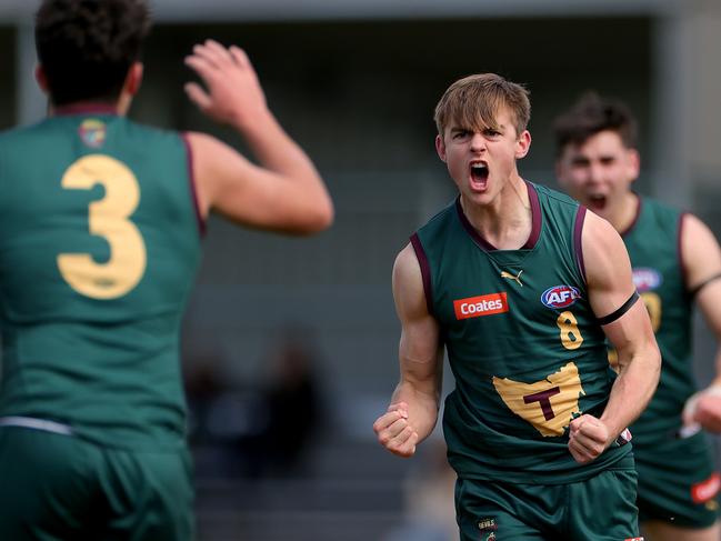 Launceston Blues draft prospect James Leake celebrates kicking a goal for Tasmania during this year’s Coates Talent League finals. (Photo by Kelly Defina/AFL Photos/via Getty Images)