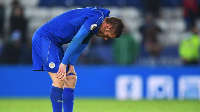 Jamie Vardy of Leicester City looks dejected.
